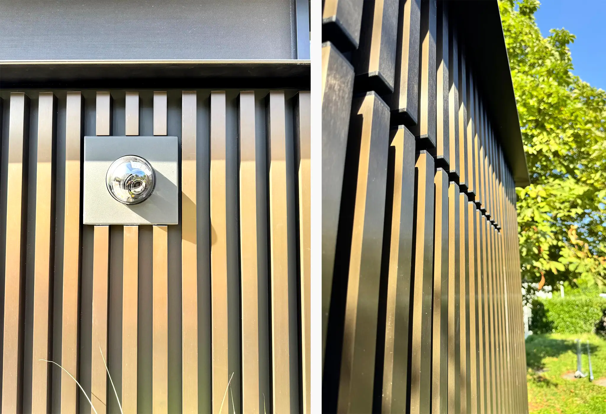 Detailaufnahme der Lamellenfassade mit Kamera und Blick durch die Lamellen zum Himmel
