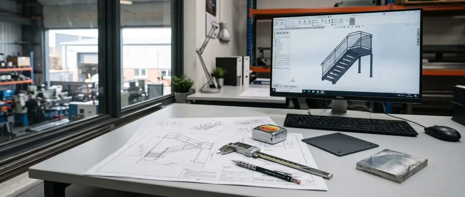 dws m kai ena alt text Arbeitsplatz eines Konstrukteurs im Metallbau: Bildschirm mit 3D-Konstruktion einer Stahltreppe, technische Zeichnungen, Messschieber und Metallmuster auf dem Schreibtisch