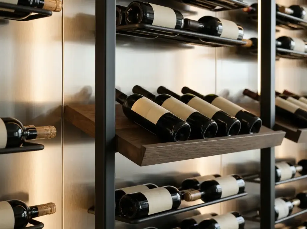 Weinregal aus Metall mit Auszugsboden aus Holz und liegender Flaschenlagerung