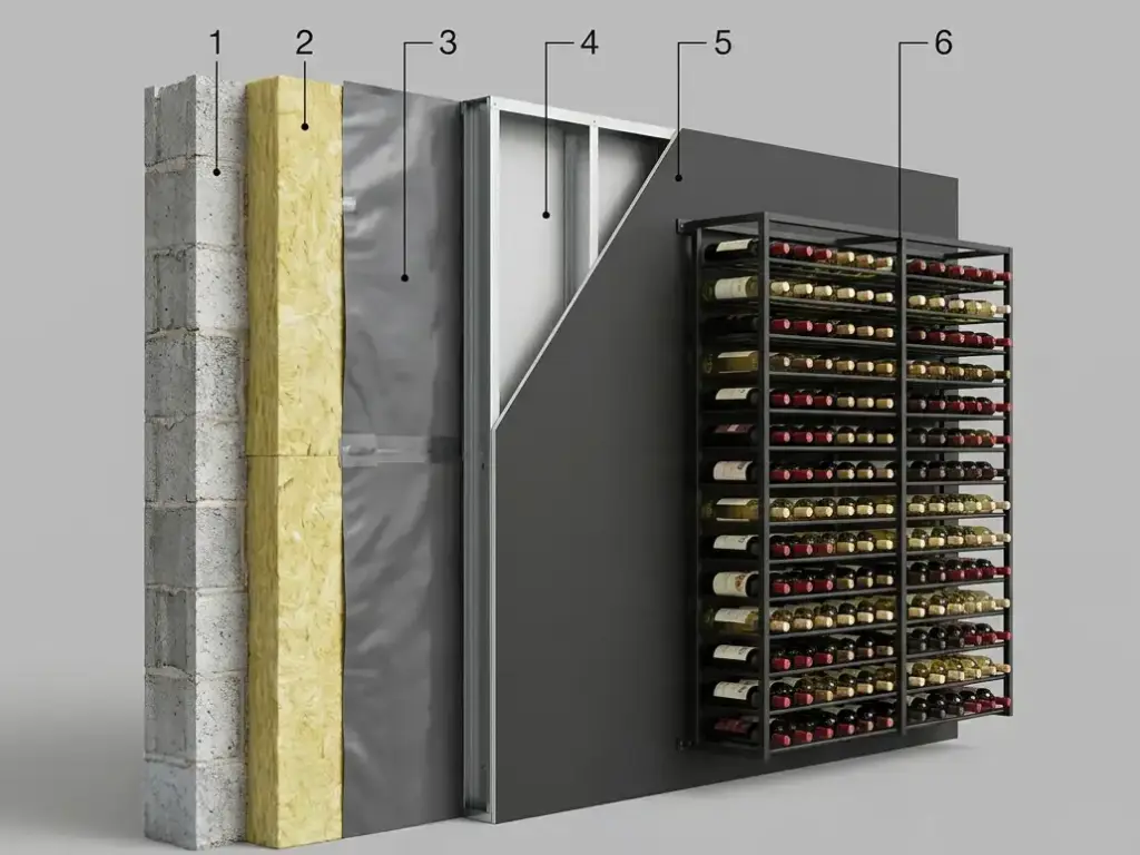 Wandaufbau für einen Weinraum nach Maß im Schnitt: Wand, Dämmung, Dampfsperre, Beplankung und Regalsystem aus Metall